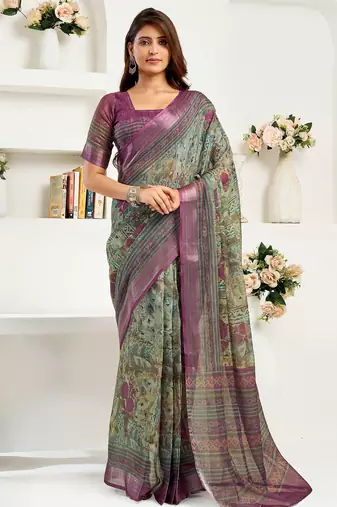 Multicoloured linen ikkat & floral printed ready to wear saree