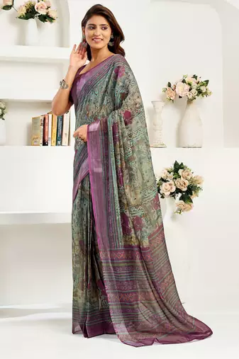 Multicoloured linen ikkat & floral printed ready to wear saree