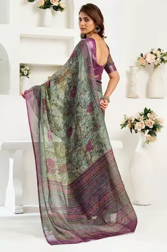 Multicoloured linen ikkat & floral printed ready to wear saree