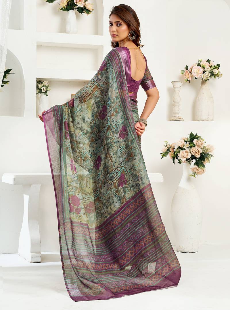 Multicoloured linen ikkat & floral printed ready to wear saree