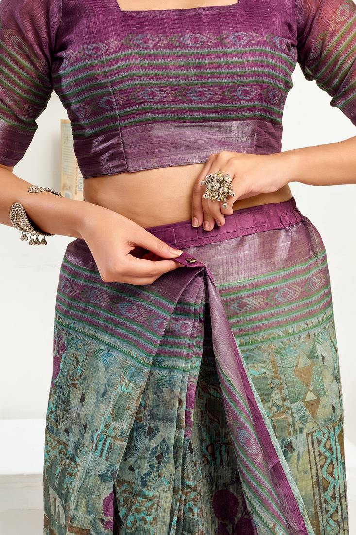 Multicoloured linen ikkat & floral printed ready to wear saree