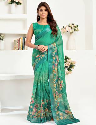 Rama green linen floral printed ready to wear saree 1