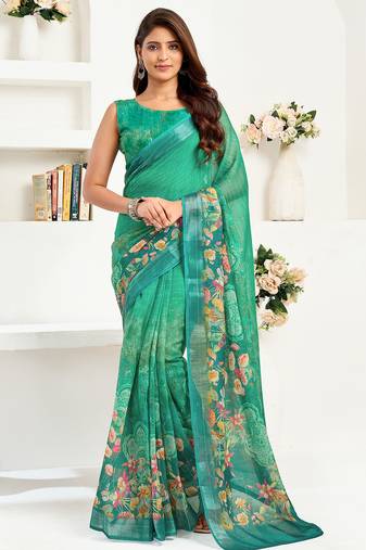 Rama green linen floral printed ready to wear saree