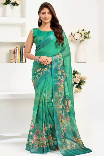 Rama green linen floral printed ready to wear saree