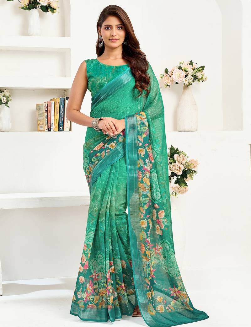 Rama green linen floral printed ready to wear saree