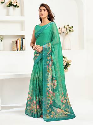 Rama green linen floral printed ready to wear saree 2