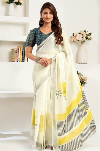 Off-white linen striped printed ready to wear saree