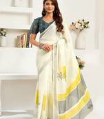Off-white linen striped printed ready to wear saree