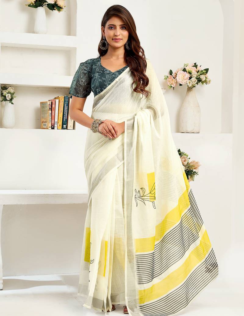 Off-white linen striped printed ready to wear saree