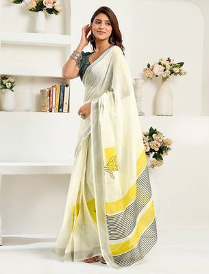 Off-white linen striped printed ready to wear saree 2