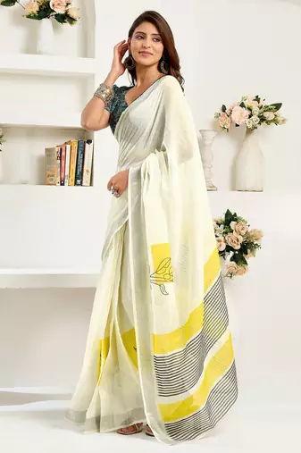Off-white linen striped printed ready to wear saree
