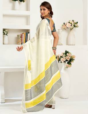 Off-white linen striped printed ready to wear saree 3