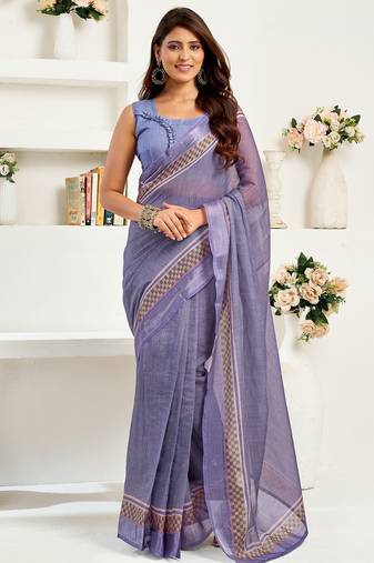 Lavender linen striped printed ready to wear saree