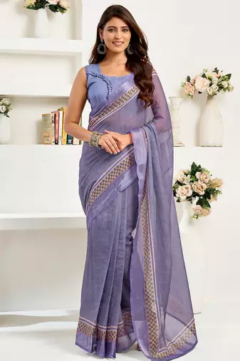 Lavender linen striped printed ready to wear saree