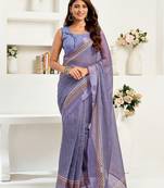 Lavender linen striped printed ready to wear saree