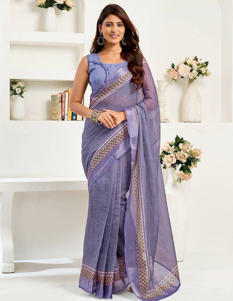 Lavender linen striped printed ready to wear saree