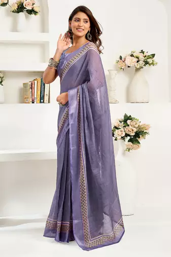 Lavender linen striped printed ready to wear saree