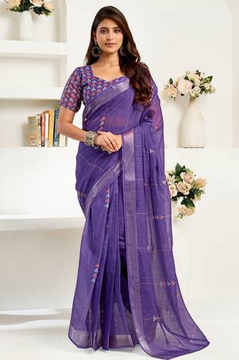 Purple linen geomatric   printed ready to wear saree