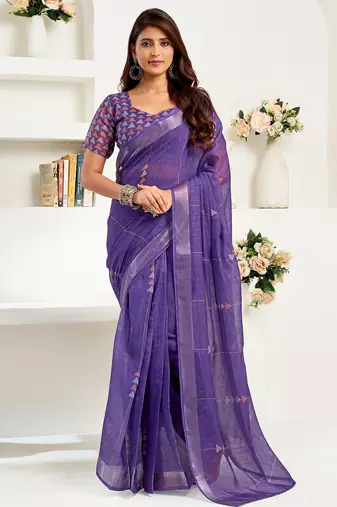 Purple linen geomatric   printed ready to wear saree