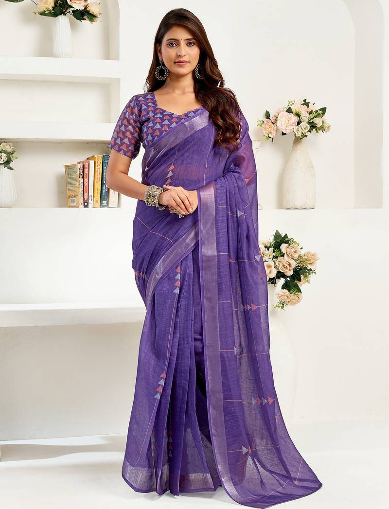 Purple linen geomatric   printed ready to wear saree