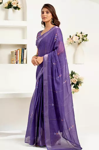 Purple linen geomatric   printed ready to wear saree