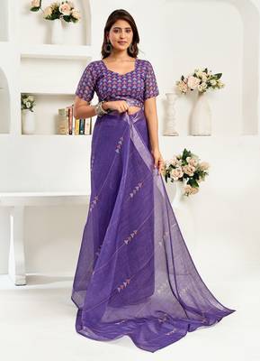 Purple linen geomatric   printed ready to wear saree 4