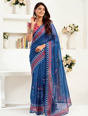 Navy blue linen kalamkari & ajrakh printed ready to wear saree 1