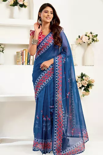 Navy blue linen kalamkari & ajrakh printed ready to wear saree