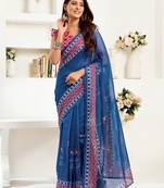 Navy blue linen kalamkari & ajrakh printed ready to wear saree