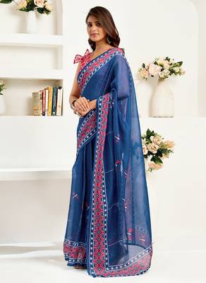 Navy blue linen kalamkari & ajrakh printed ready to wear saree 2