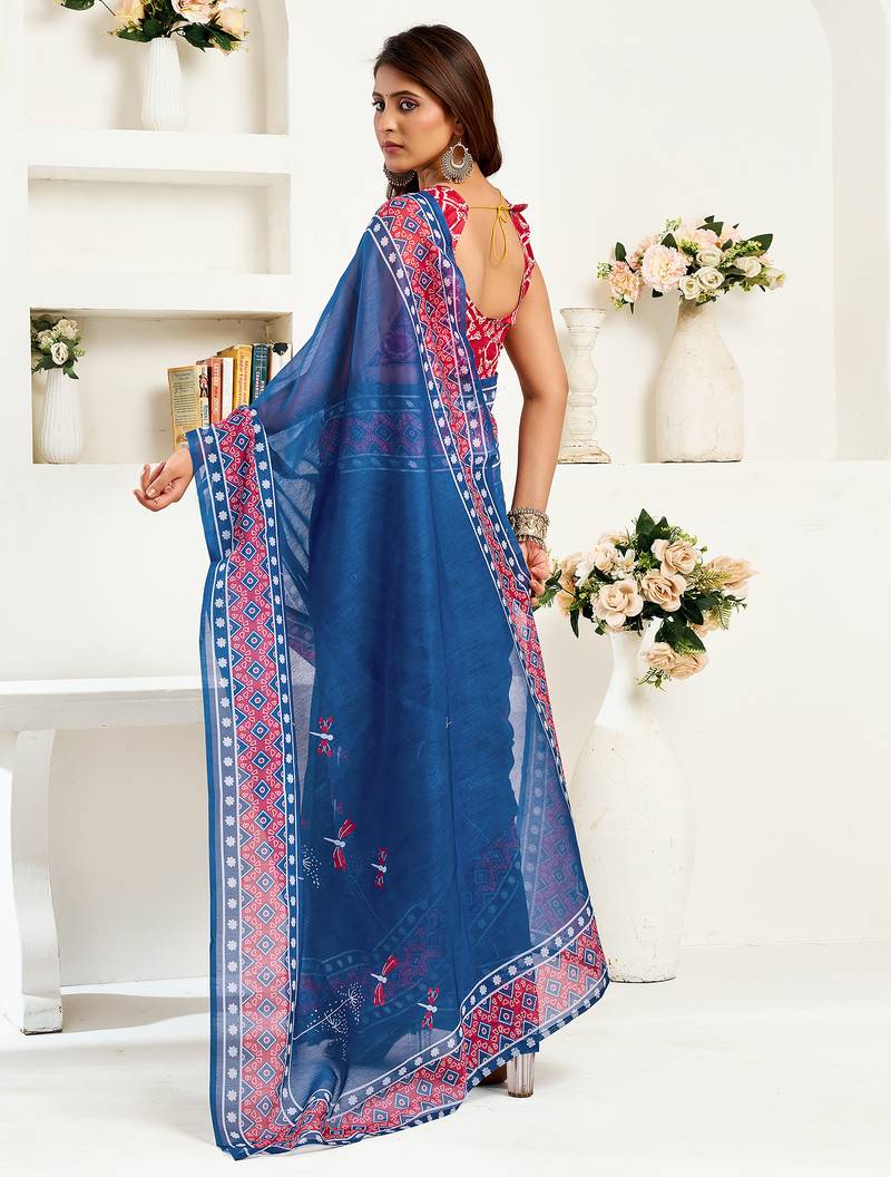 Navy blue linen kalamkari & ajrakh printed ready to wear saree