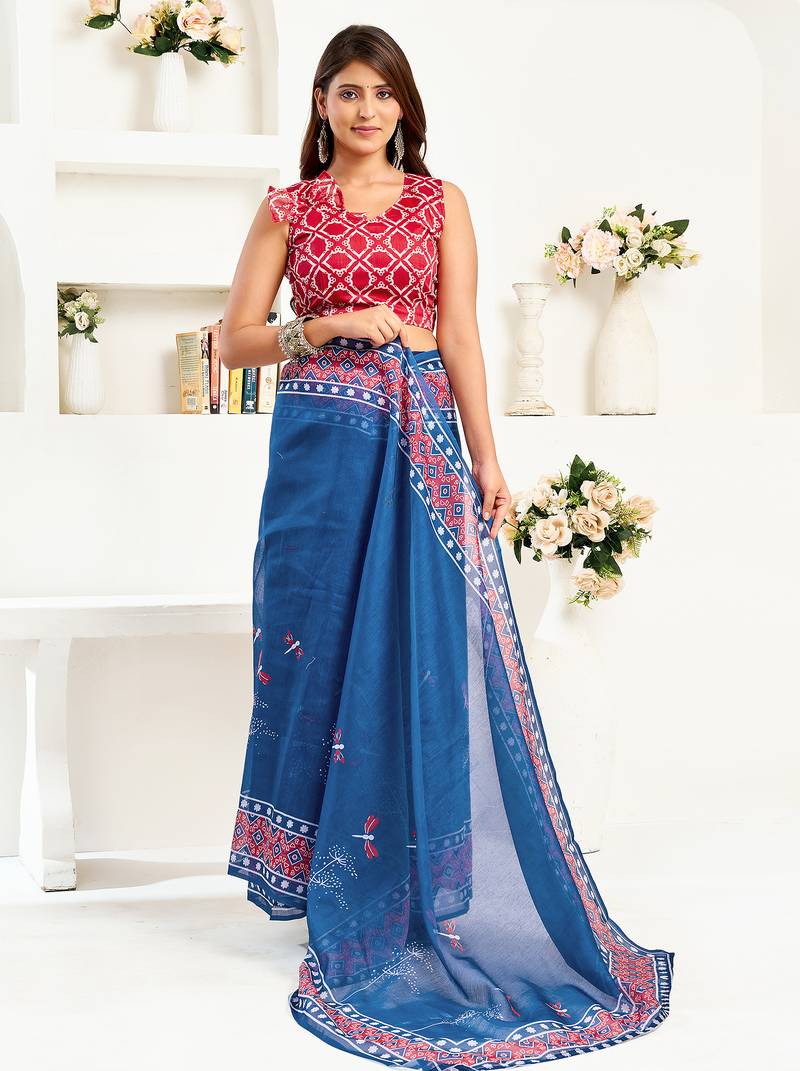 Navy blue linen kalamkari & ajrakh printed ready to wear saree