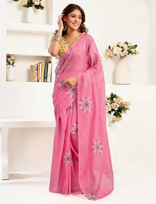 Baby pink linen geomatric   printed ready to wear saree 1