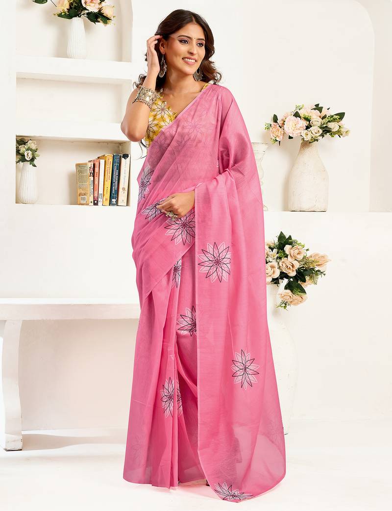 Baby pink linen geomatric   printed ready to wear saree