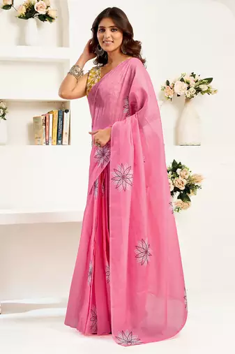Baby pink linen geomatric   printed ready to wear saree