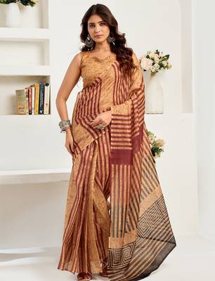 Caramel linen striped & geomatric printed ready to wear saree 1