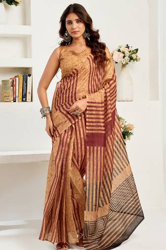 Caramel linen striped & geomatric printed ready to wear saree