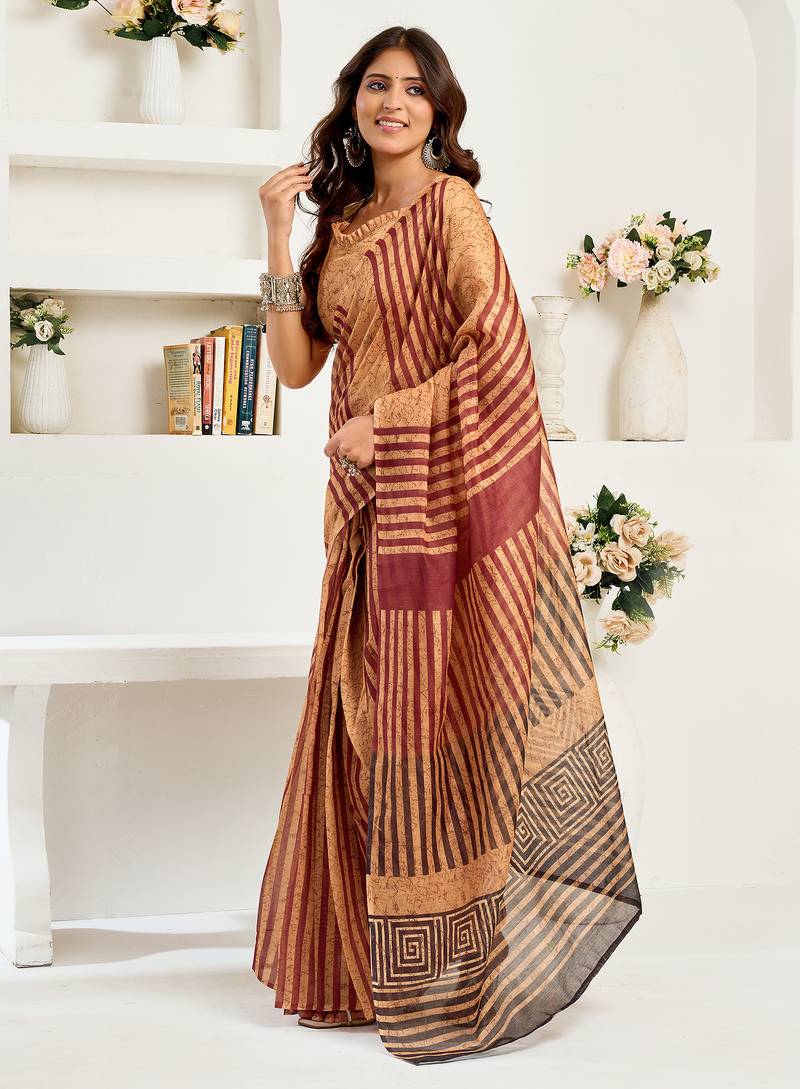 Caramel linen striped & geomatric printed ready to wear saree