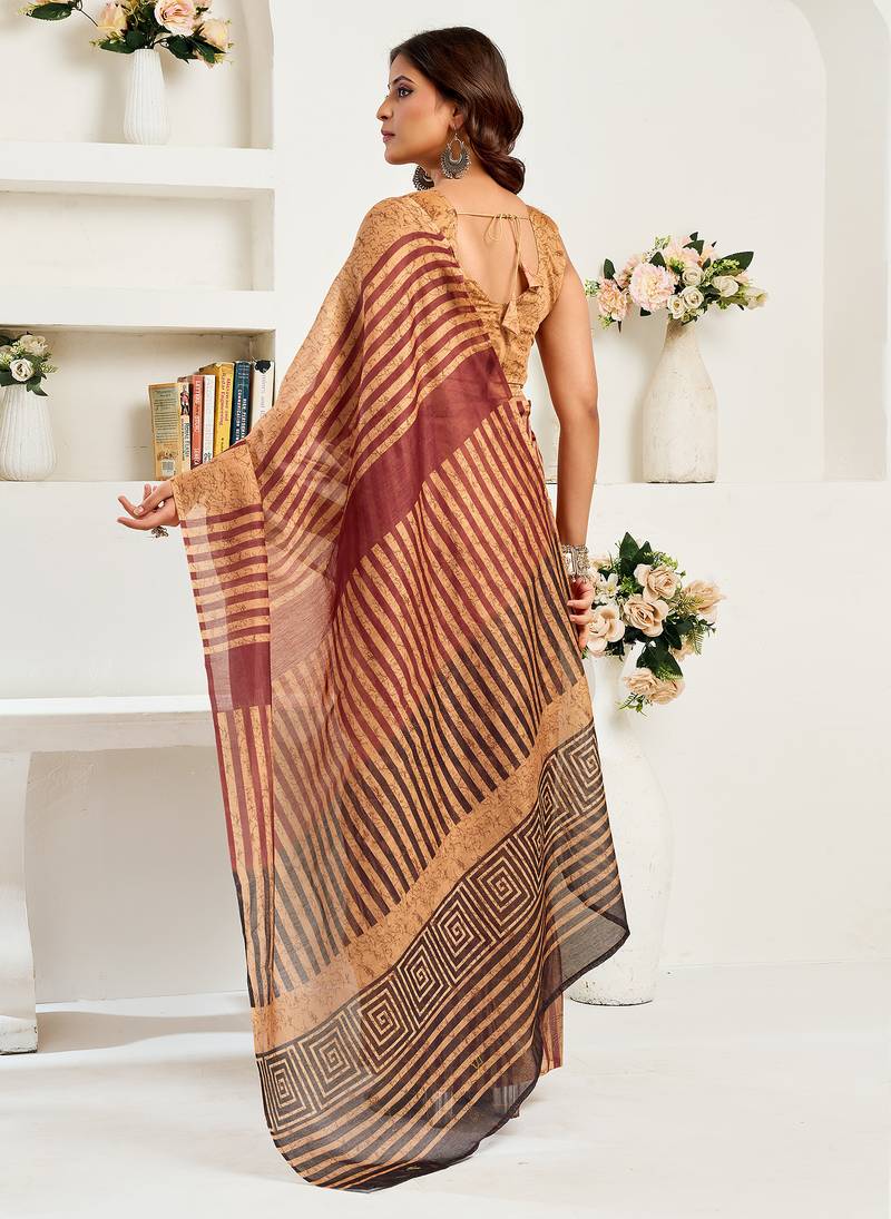 Caramel linen striped & geomatric printed ready to wear saree