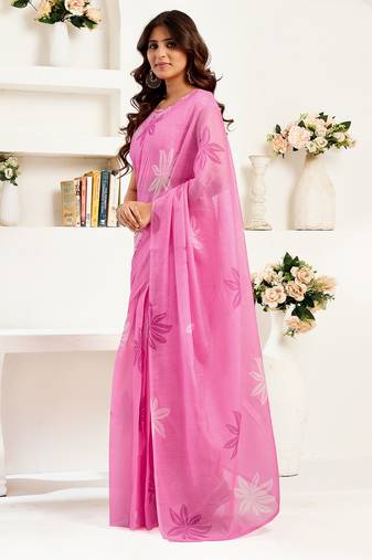 Pink linen floral printed ready to wear saree