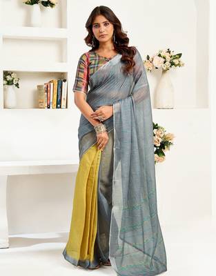 Grey   linen striped printed ready to wear saree 1