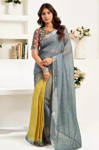 Grey  linen striped printed ready to wear saree