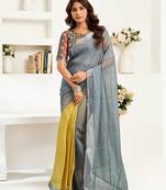 Grey  linen striped printed ready to wear saree