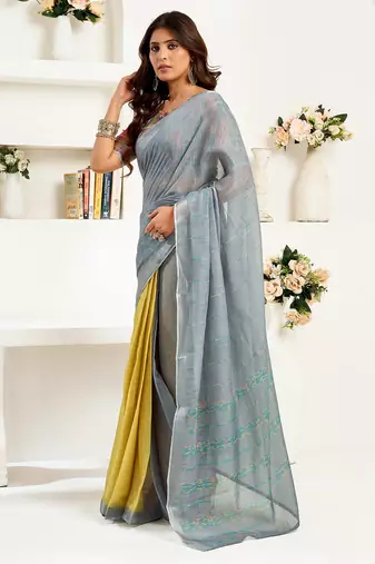 Grey   linen striped printed ready to wear saree