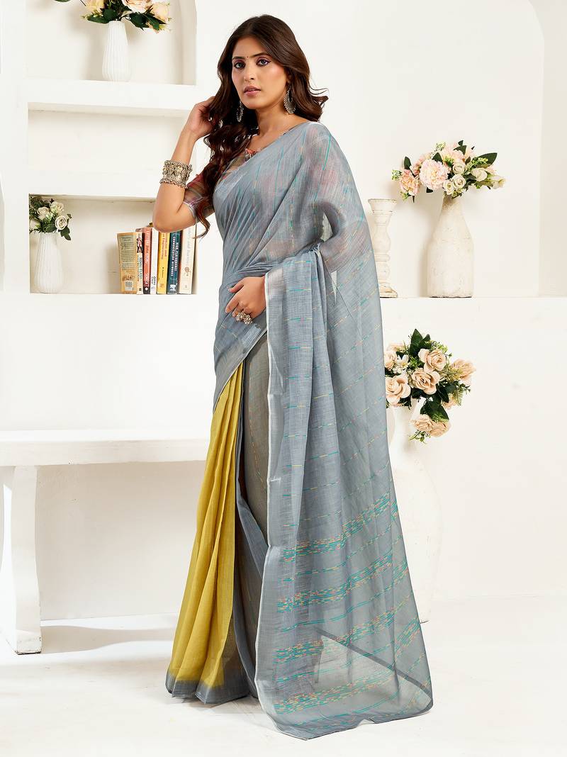 Grey  linen striped printed ready to wear saree