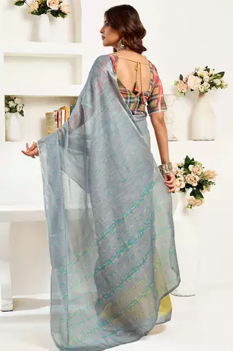 Grey   linen striped printed ready to wear saree