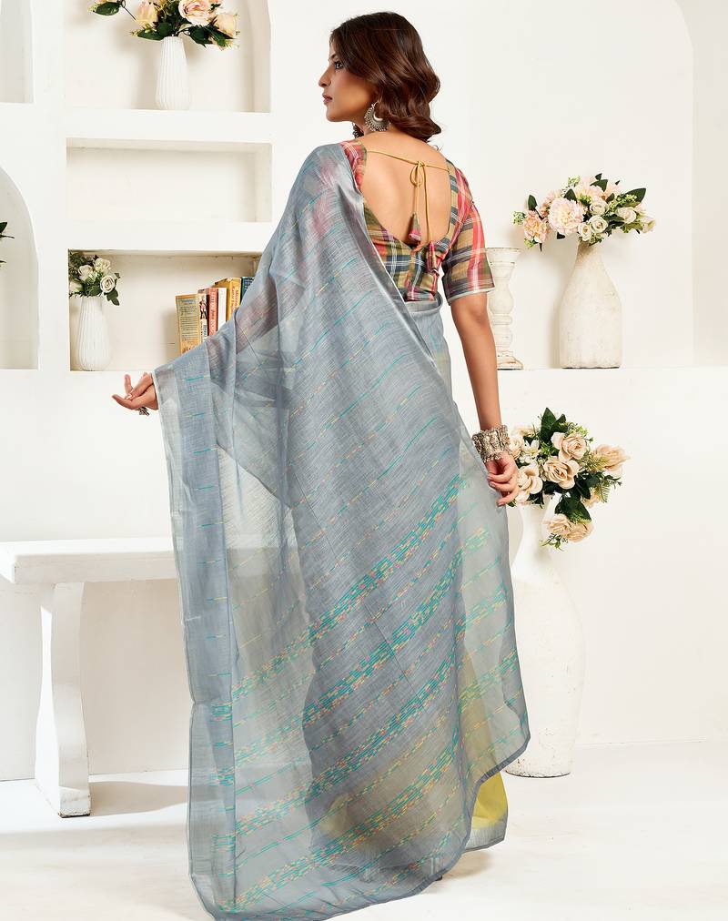 Grey  linen striped printed ready to wear saree
