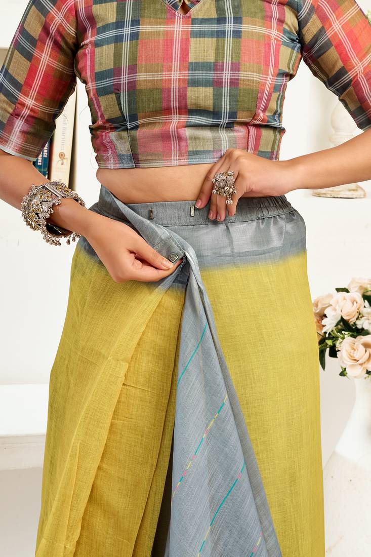 Grey  linen striped printed ready to wear saree