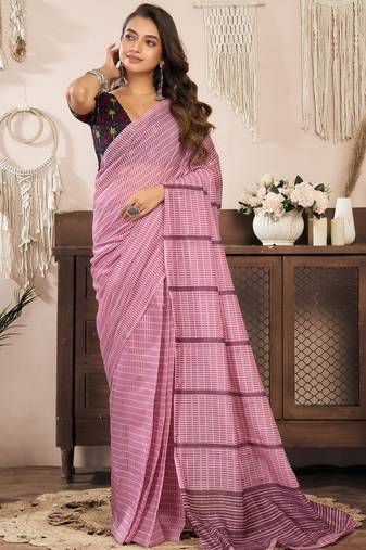 Coral pink linen paisley & geomatric printed ready to wear saree