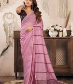 Coral pink linen paisley & geomatric printed ready to wear saree